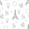 France symbols black and white vector seamless pattern. Repeating line background with Eiffel tower, Marianne, map, tricolor hot