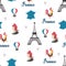 France symbols vector seamless pattern. Repeating background with Eiffel tower, Marianne, map, tricolor hot air balloon. Cute