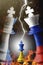 France, ukraine and Russia flags paint over on chess king. 3D illustration france vs Russia crisis