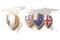 France and Us Australia and Great Britain flags in golden shield on copper texture background.aukus defense pact. france aukus