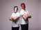 France vs Albania. Football fans of national teams before match on grey background.