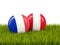 France vs Peru. Soccer concept. Footballs with flags on green gr