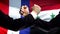 France vs Syria confrontation, countries disagreement, fists on flag background