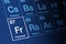 Francium on periodic table of the elements, with element symbol Fr