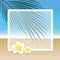 Frangipani exotic flowers on beautiful palm beach summer background with copy space