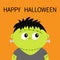 Frankenstein monster. Happy Halloween. Cute cartoon funny spooky baby character. Green head face. Greeting card. Flat design. Oran