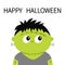 Frankenstein monster. Happy Halloween. Cute cartoon funny spooky baby character. Green head face. Greeting card. Flat design. Whit