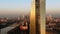 Frankfurt ECB Skyline Aerial Shot at early sunrise reflecting sun