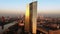 Frankfurt ECB Skyline Aerial Shot at early sunrise reflecting sun