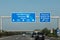 Frankfurt, Germany 29.09.2017 - German highway autobahn blue road sign leading to the airport duesseldorf