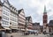 Frankfurt, Germany-August 12, 2021: Unidentified tourists tour the old city of RÃ¶mer in Frankfurt, Germany