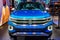 FRANKFURT, GERMANY - SEPT 2019: blue VOLKSWAGEN VW TAROK is a compact pickup truck, IAA International Motor Show Auto Exhibtion
