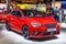 FRANKFURT, GERMANY - SEPT 2019: red SEAT IBIZA FR electric hatchback, IAA International Motor Show Auto Exhibtion