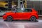 FRANKFURT, GERMANY - SEPT 2019: red SKODA FABIA 3rd generation TYP NJ small hatchback, IAA International Motor Show Auto Exhibtion