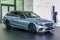 FRANKFURT, GERMANY - SEPT 2019: silver gray MERCEDES-BENZ C 300 DE electric hybrid estate wagon combi family car, IAA