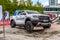 FRANKFURT, GERMANY - SEPT 2019: white FORD RANGER RAPTOR pickup SUV in test site, IAA International Motor Show Auto Exhibtion