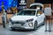 FRANKFURT, GERMANY - SEPT 2019: white HYUNDAI IONIQ ELEKTRO electric car, IAA International Motor Show Auto Exhibtion