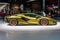 FRANKFURT, GERMANY - SEPT 2019: yellow golden LAMBORGHINI SIAN FKP 37 is a mid-engine hybrid sports car. It is the first hybrid