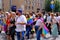 FRANKFURT - July 17, 2021: participants of international LGBT movement, Gay pride parade in city with rainbow flags, demonstration