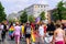 FRANKFURT - July 17, 2021: participants of international LGBT movement, Gay pride parade in city with rainbow flags, demonstration