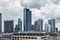 Frankfurt am Main gloomy cityscape skyline with bank skyscrapers and cloudy sky