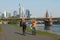 Frankfurt am main skyscraper building with people bicycling