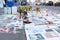 Frankfurt - March 2022: people support Ukraine, flowers lie on ground, mourning candles burning for dead, an anti-war rally near