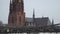 Frankfurter Dom Cathedral in Roemerberg Frankfurt am Main and Main river. Frankfurt, Germany 26.05.2020