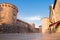 Frankopan fortress tower and walls from square ground level at K