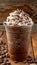 Frappe cup food photography on blurred background with ample space for text placement