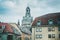 Frauenkirche above the roofs at Christmas time in Dresden. Winter cityscape in Dresden. Winter vacation and tourism