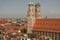 Frauenkirche, gothic church with iconic domed towers. View from Peterskirche tower, panorama of