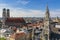 Frauenkirche, gothic church with iconic domed towers. View from Peterskirche tower, panorama of