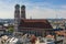 Frauenkirche, gothic church with iconic domed towers. View from Peterskirche tower, panorama of