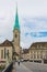 Fraumunster tower in Zurich. Fraumunster Church, from XIII century, dominate the old town of Zurich. Switzerland