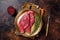 Freah Raw cap rump beef meat steak in a plate with thyme, top sirloin steak. Dark background. Top view