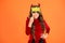 Freakishly scary Halloween. Scary halloween child orange background. Party girl with scary look. Fashion kid wear red