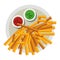Frech fries and sauces on dish food