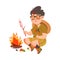 Freckled Boy Junior Scout in Khaki Shirt Sitting at Campfire and Frying Marshmallow Vector Illustration