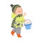 Freckled Boy in Warm Winter Clothing Carrying Bucket with Snowballs Vector Illustration