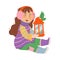 Freckled Little Girl in Warm Knitted Sweater Holding Lantern Vector Illustration