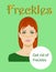 Freckled redhaired young woman isolated on a green background word Freckles, vector illustration