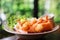 fred prawns salad on table with natural blur background