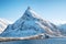 Fredvang bridge, Lofoten islands, Norway. Mountains and road. Landscape in the winter time. Bridge adove ocean.