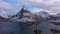 Fredvang Bridge and Volandstind Mountain in Winter. Lofoten, Norway. Aerial View