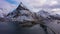 Fredvang Bridge and Volandstind Mountain in Winter. Lofoten, Norway. Aerial View