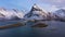 Fredvang Bridge and Volandstind Mountain in Winter. Lofoten, Norway. Aerial View