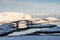 Fredvang bridges cross islands with mountain in winter at coastline