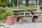 Free bench fenced with red-white tape during the quarantine COVID-2019.