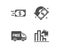 Free delivery, Money transfer and Cashback icons. Decreasing graph sign. Vector